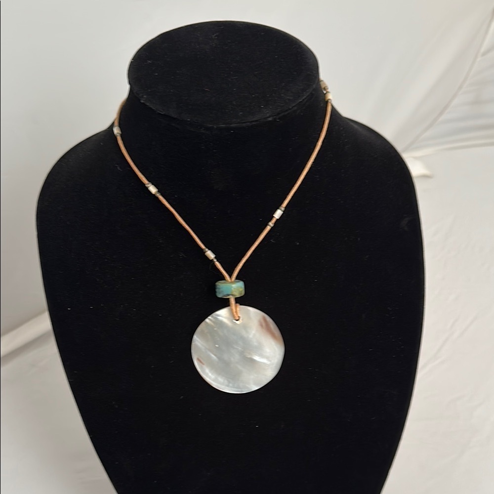 Vintage tan rope green blue bead and mother of pearl disc necklace